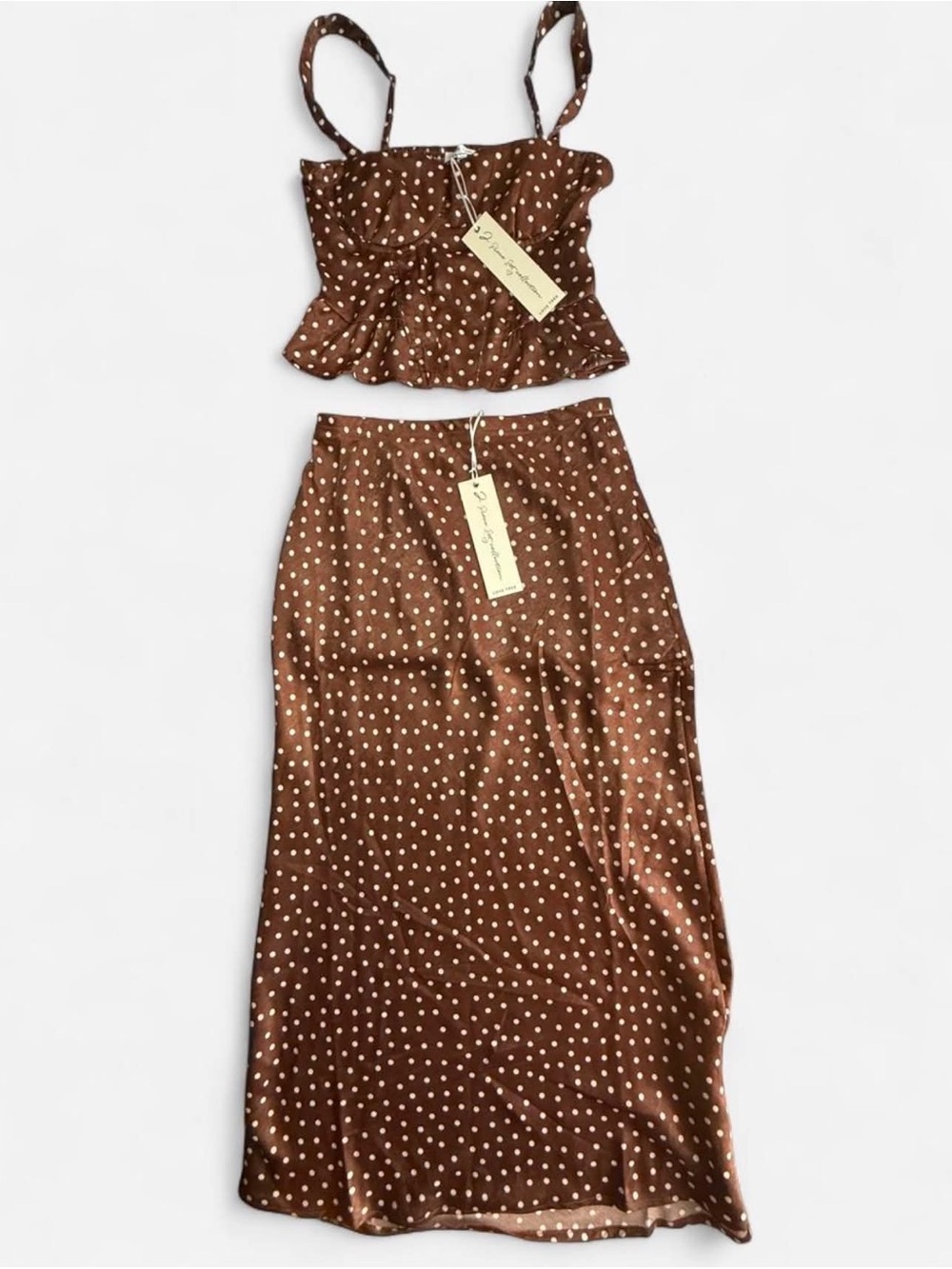Brown Polka Dot Satin Corset Style Crop Top & Maxi Skirt Matching Set - Size S